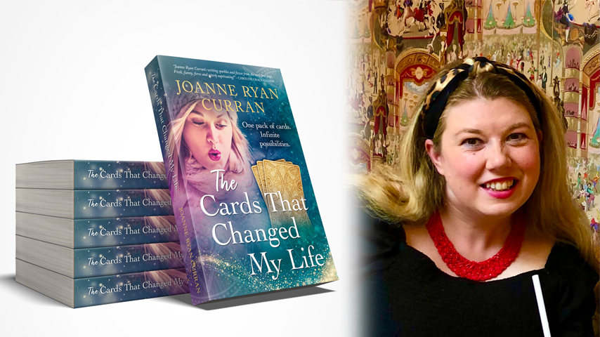 Image of a stack of books with a turquoise coloured cover and a young woman on the front, to the right is a photo of the author.
