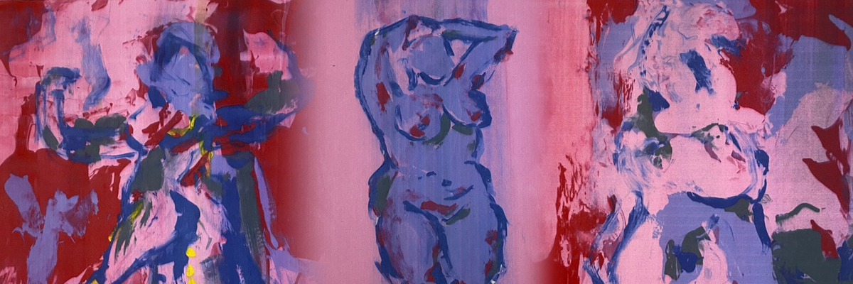 Three abstract female figures, in red, pink, blue and yellow.