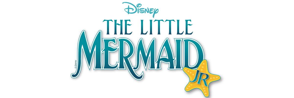 Disney The Little Mermaid Jr in wavy, fancy text, turquoise. The 'Jrs' is in a yellow starfish