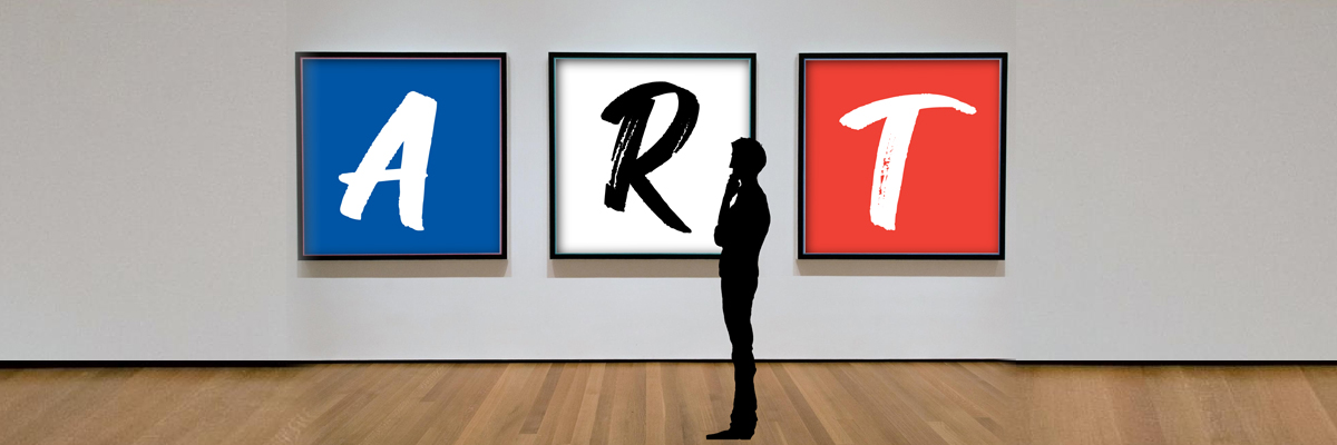 A silhouette of a man, standing in an art gallery. ART is spelt out in three pictures on the wall, with blue, white and red behind each letter.