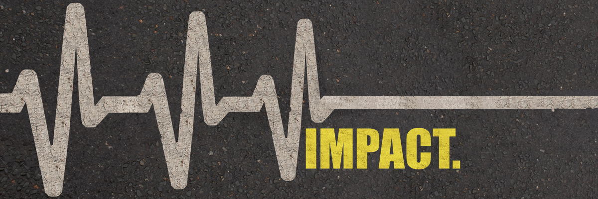 A tarmac background with a heart pulse line in grey. The word IMPACT is written in yellow