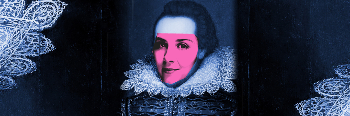 A well know picture of William Shakespeare in a dark blue colour, with a women's face replacing Shakespeare's in pink.