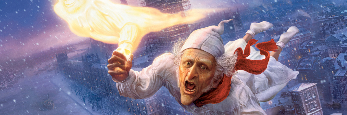 A screen shot of the 2009 animated film 'A Christmas Carol' featuring the voice of Jim Carey. An old man with grey hair, who wears an old fashioned white night grown and nightcap holds hands with a golden being. They are both flying above a snow covered city.