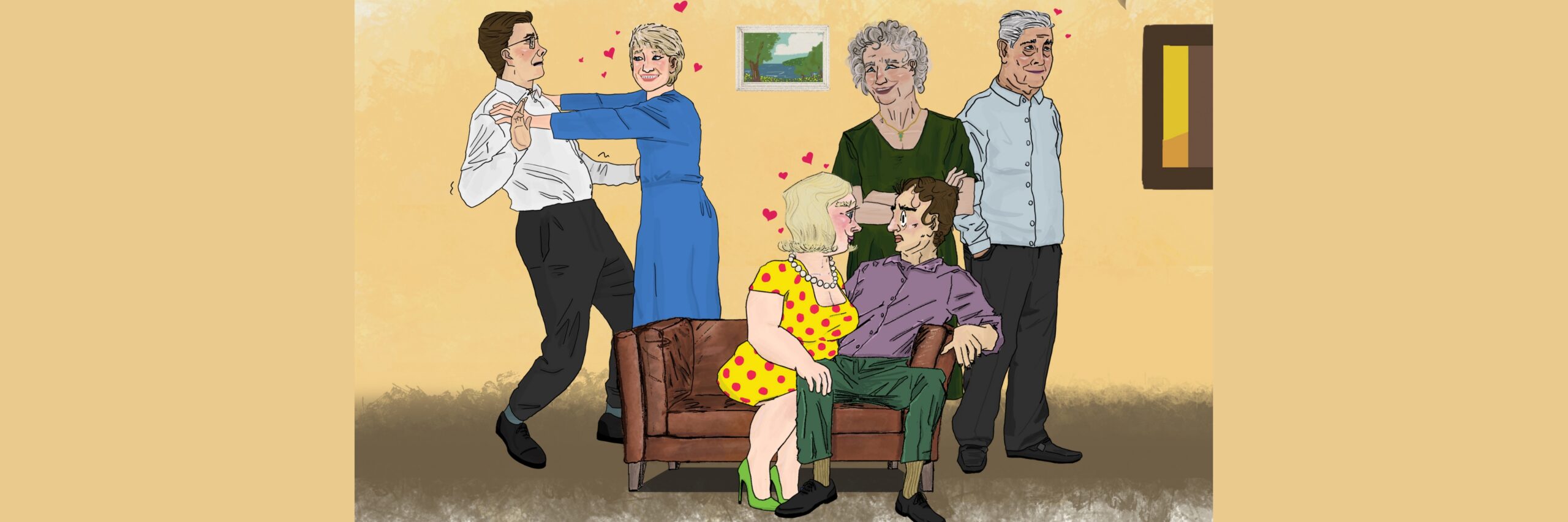 Cartoon image of a couple sitting on a sofa, a couple standing behind and another couple arguing on a cream background