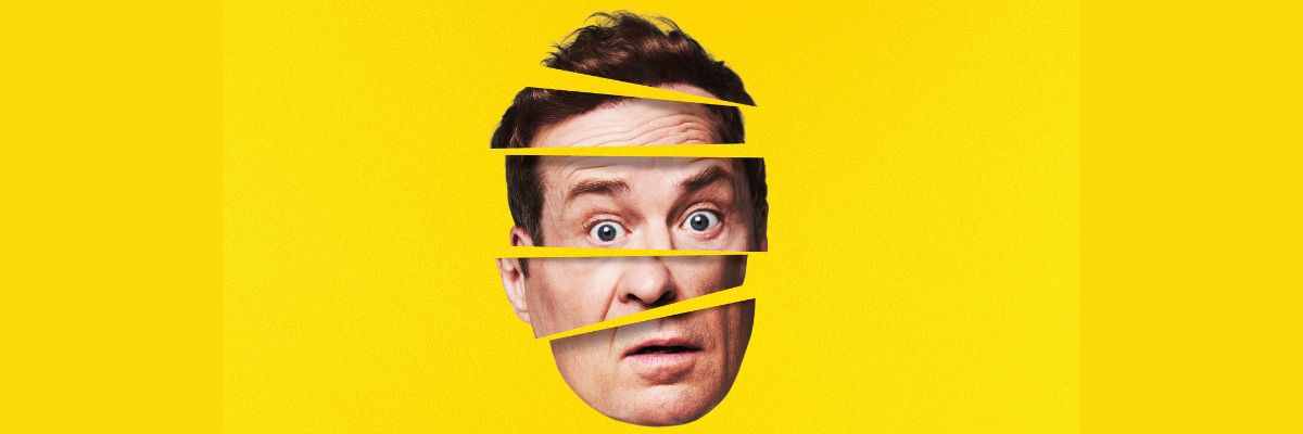 Ardal O' Hanlon's face with no body attached on a yellow background